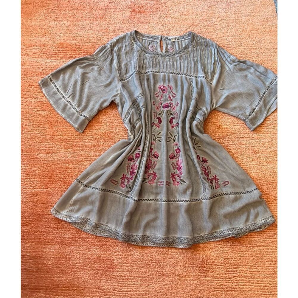 POL Embroidered Tunic Top Size L Boho Sheer Mini Dress Rayon